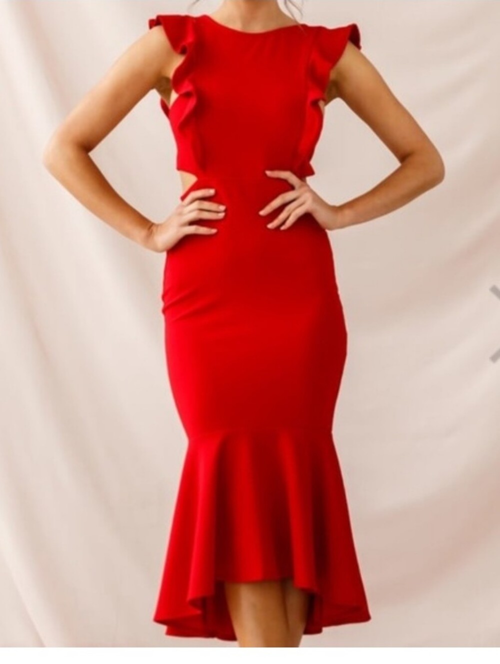 Jackie Wide Ruffle Hem Pinafore Midi Dress Red